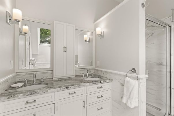 Bathroom, Dual Sink Vanities, Glass Shower, Interior, Marble Walls