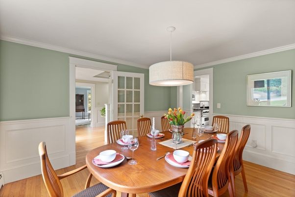 Dining room, Interior, Pendant Lights, Wood Texture Flooring