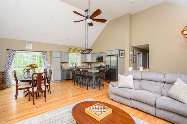 Dining room, Interior, Kitchen, Living room, Pendant Lights, Stainless Steel Appliances, Wood Texture Flooring