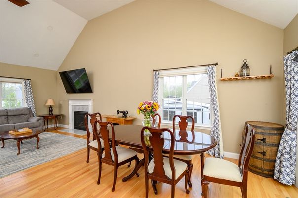 Dining room, Fireplace, Interior, Wood Texture Flooring