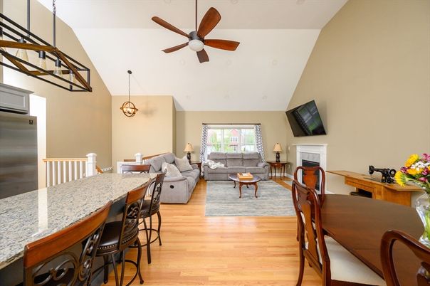Dining room, Fireplace, Interior, Kitchen, Living room, Pendant Lights, Wood Texture Flooring