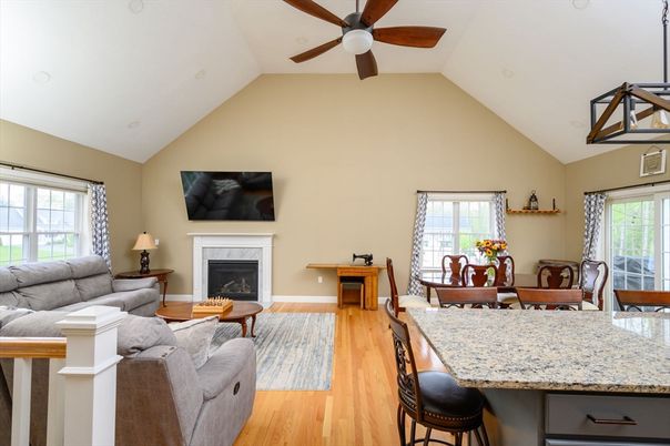 Dining room, Fireplace, Interior, Living room, Wood Texture Flooring
