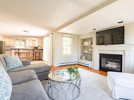 Fireplace, Interior, Kitchen, Living room, Recessed Lighting, Wood Texture Flooring