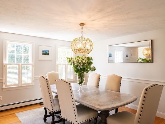 Dining room, Interior, Pendant Lights, Wood Texture Flooring