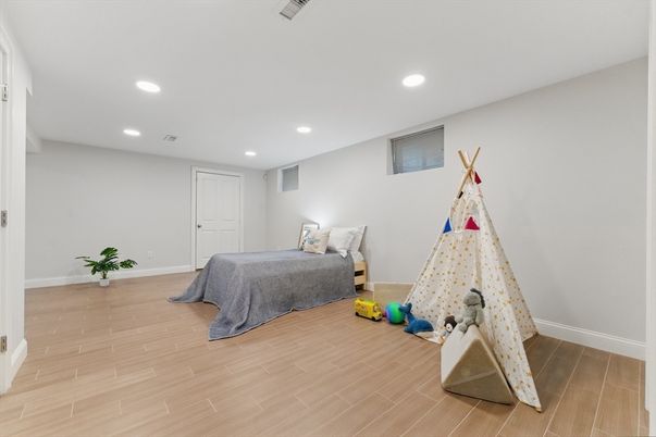 Bedroom, Interior, Recessed Lighting, Wood Texture Flooring