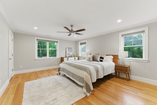 Bedroom, Interior, Recessed Lighting, Wood Texture Flooring