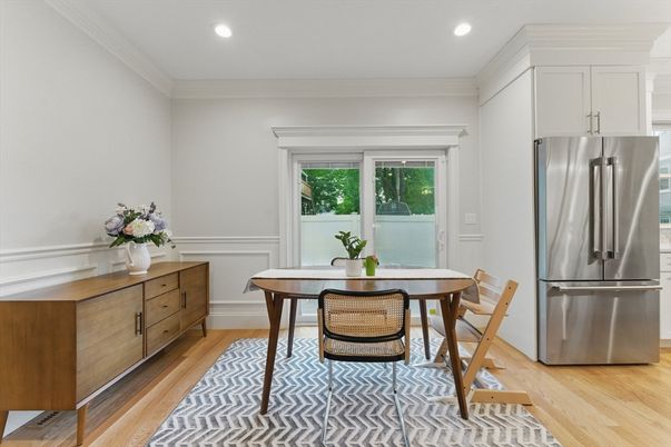 Dining room, Interior, Kitchen, Recessed Lighting, Stainless Steel Appliances, Wood Texture Flooring