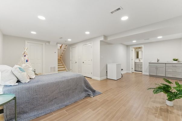 Bedroom, Interior, Recessed Lighting, Wood Texture Flooring