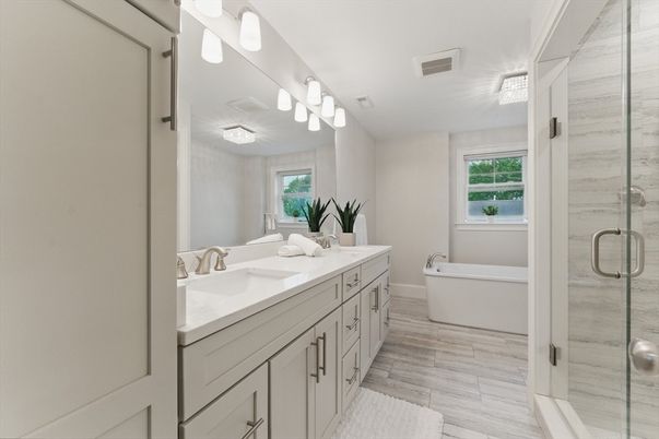 Bathroom, Dual Sink Vanities, Free Standing Baths, Glass Shower, Interior, Wood Texture Flooring