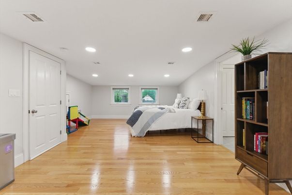 Bedroom, Interior, Recessed Lighting, Wood Texture Flooring
