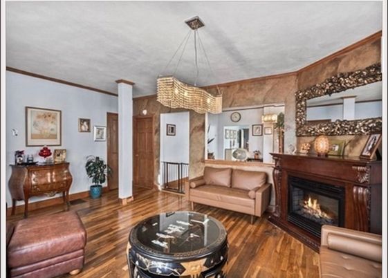 Chandelier, Fireplace, Interior, Living room, Pendant Lights, Wood Texture Flooring