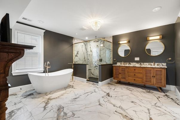 Bathroom, Dual Sink Vanities, Free Standing Baths, Glass Shower, Interior, Marble, Marble Walls, Recessed Lighting