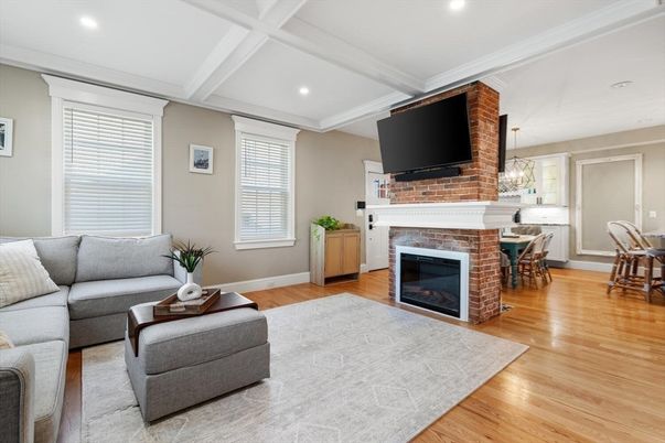 Dining room, Fireplace, Interior, Living room, Pendant Lights, Recessed Lighting, Wood Texture Flooring