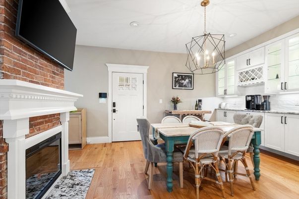 Dining room, Fireplace, Interior, Kitchen, Pendant Lights, Recessed Lighting, Stone Walls, Wood Texture Flooring