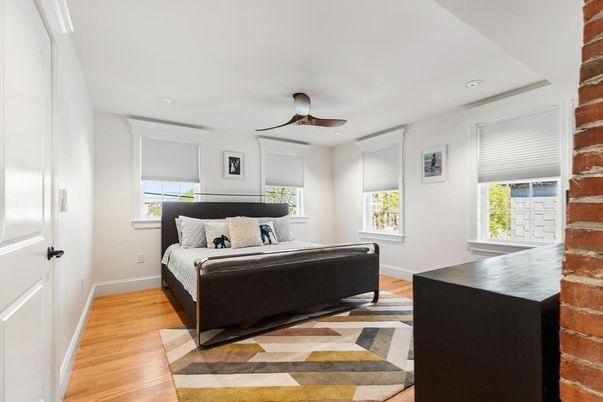 Bedroom, Interior, Recessed Lighting, Stone Walls, Wood Texture Flooring