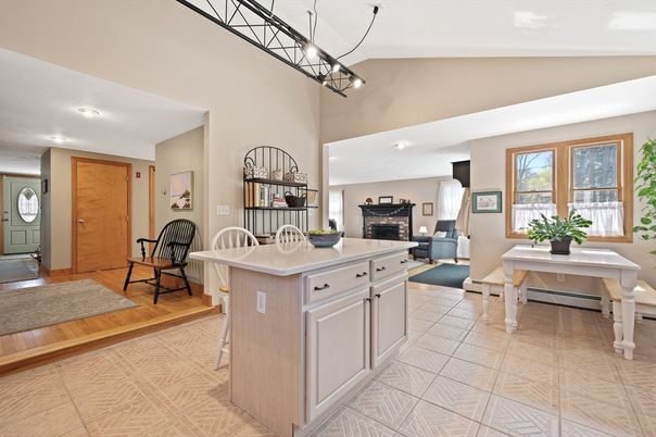 Fireplace, Interior, Pendant Lights, Recessed Lighting, Wood Texture Flooring