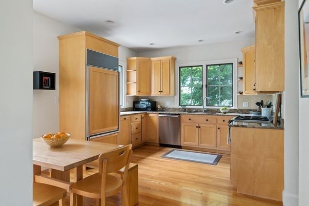 Dining room, Interior, Kitchen, Recessed Lighting, Wood Texture Flooring