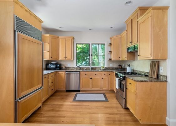 Interior, Kitchen, Recessed Lighting, Stainless Steel Appliances, Wood Texture Flooring