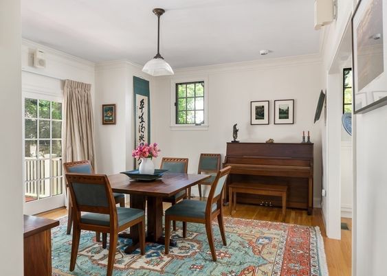 Dining room, Interior, Pendant Lights, Piano, Wood Texture Flooring