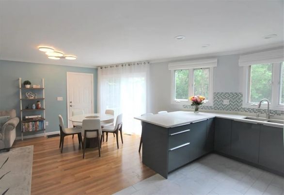 Dining room, Interior, Kitchen, Recessed Lighting, Wood Texture Flooring