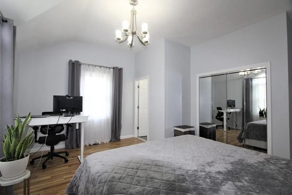 Bedroom, Chandelier, Home Office, Interior, Wood Texture Flooring