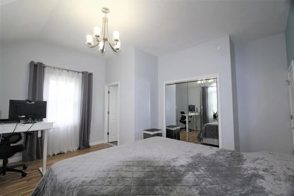 Bedroom, Chandelier, Home Office, Interior, Wood Texture Flooring