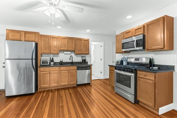 Interior, Kitchen, Recessed Lighting, Stainless Steel Appliances, Wood Texture Flooring