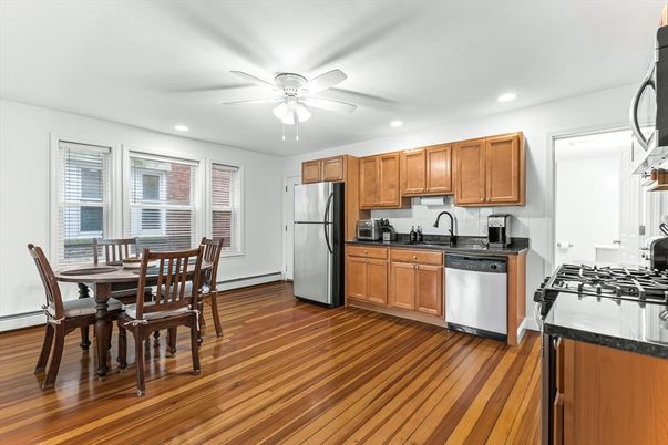 Dining room, Interior, Kitchen, Recessed Lighting, Stainless Steel Appliances, Wood Texture Flooring