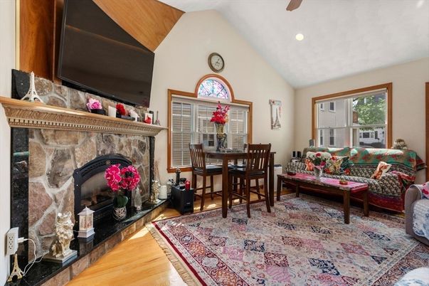 Dining room, Fireplace, Interior, Living room, Recessed Lighting, Wood Texture Flooring