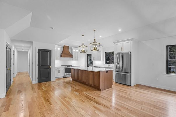 Interior, Kitchen, Pendant Lights, Recessed Lighting, Stainless Steel Appliances, Wood Texture Flooring