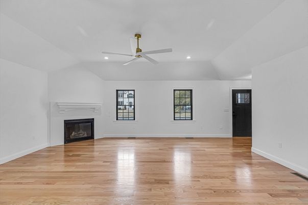 Empty room, Fireplace, Interior, Recessed Lighting, Wood Texture Flooring