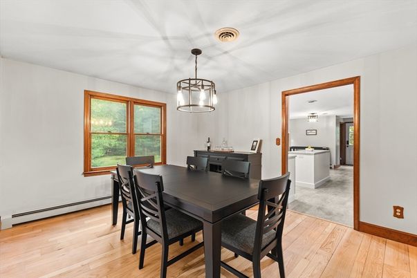 Dining room, Interior, Pendant Lights, Wood Texture Flooring