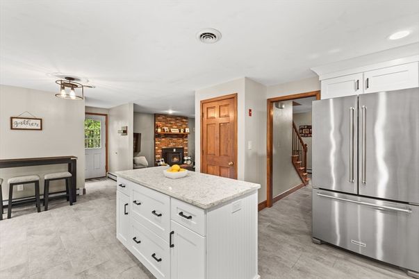 Fireplace, Interior, Kitchen, Recessed Lighting, Stainless Steel Appliances