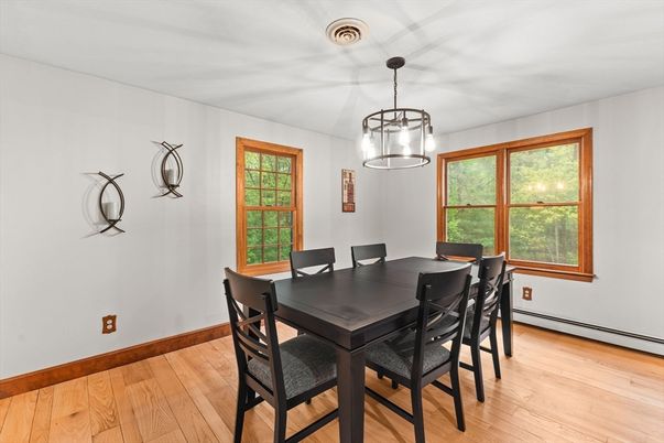 Dining room, Interior, Pendant Lights, Wood Texture Flooring