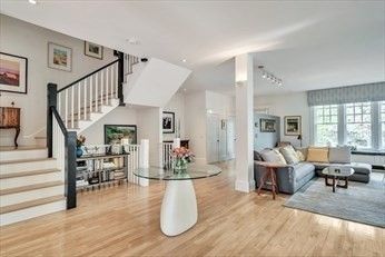 Dining room, Interior, Living room, Recessed Lighting, Wood Texture Flooring