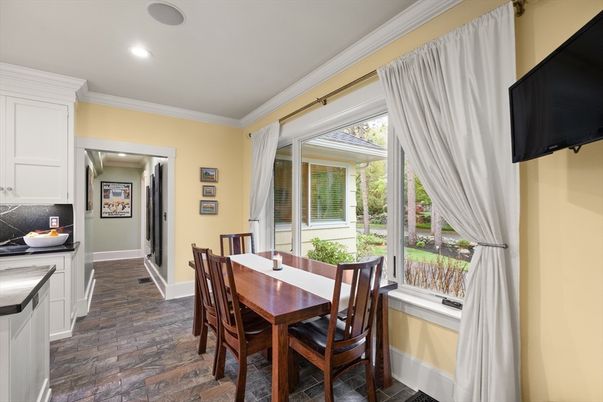 Dining room, Interior, Recessed Lighting, Wood Texture Flooring