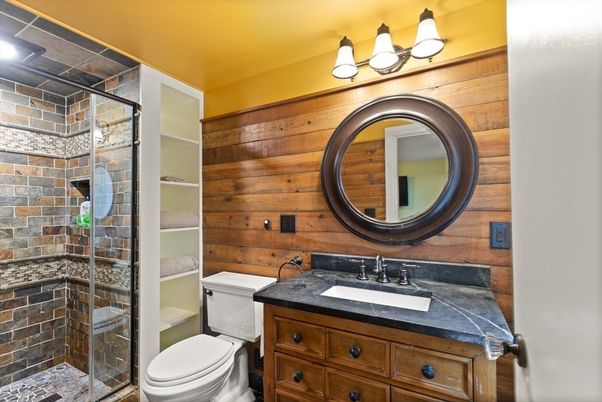 Bathroom, Glass Shower, Interior, Stone Walls, Wooden Walls