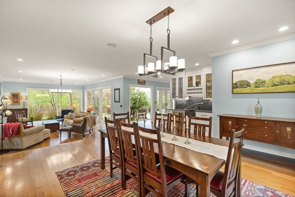 Dining room, Interior, Living room, Pendant Lights, Recessed Lighting, Wood Texture Flooring