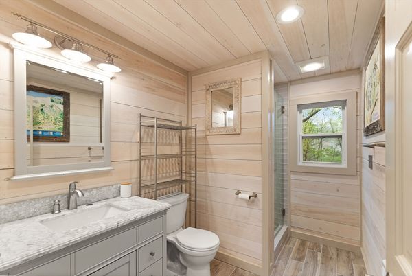 Bathroom, Interior, Recessed Lighting, Wooden Ceilings, Wood Texture Flooring, Wooden Walls