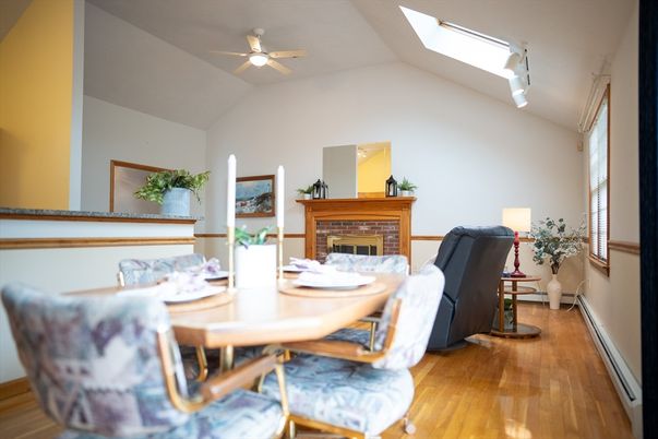 Dining room, Fireplace, Interior, Wood Texture Flooring
