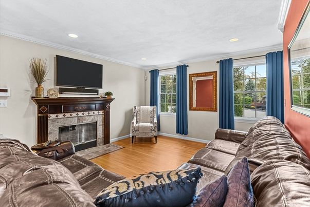 Fireplace, Interior, Living room, Recessed Lighting, Wood Texture Flooring