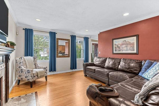 Fireplace, Interior, Living room, Recessed Lighting, Wood Texture Flooring