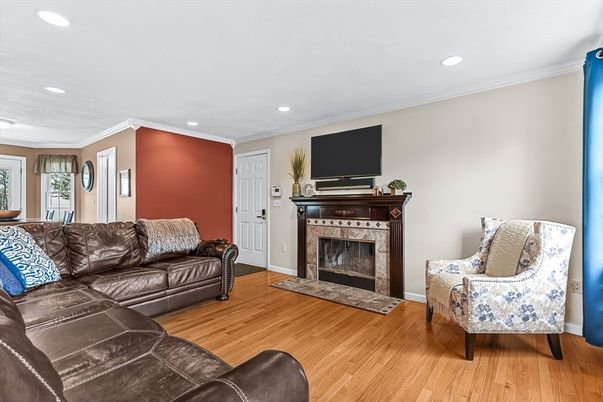 Fireplace, Interior, Living room, Recessed Lighting, Wood Texture Flooring