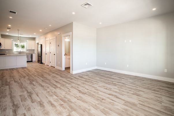 Empty room, Interior, Kitchen, Pendant Lights, Recessed Lighting, Wood Texture Flooring
