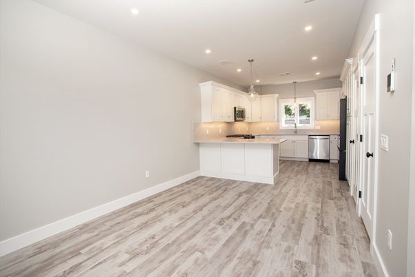Interior, Kitchen, Pendant Lights, Recessed Lighting, Stainless Steel Appliances, Wood Texture Flooring
