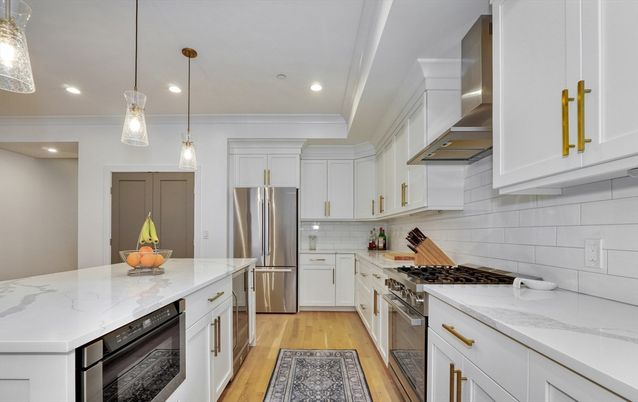 Interior, Kitchen, Pendant Lights, Recessed Lighting, Stainless Steel Appliances, Wood Texture Flooring