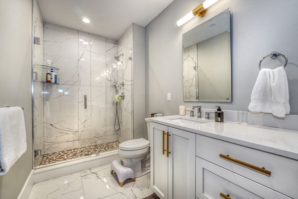 Bathroom, Glass Shower, Interior, Marble, Marble Walls, Recessed Lighting