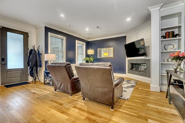 Fireplace, Interior, Recessed Lighting, Wood Texture Flooring