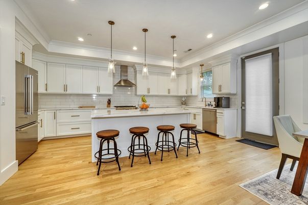 Interior, Kitchen, Pendant Lights, Recessed Lighting, Stainless Steel Appliances, Wood Texture Flooring