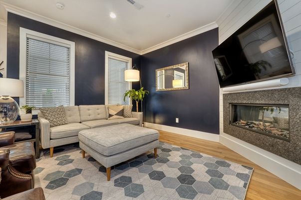 Fireplace, Interior, Recessed Lighting, Wood Texture Flooring
